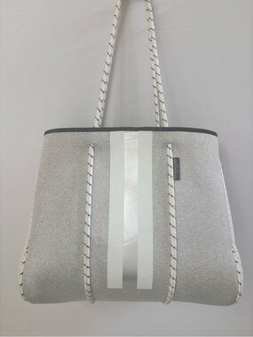 Threaded Pear Gray White Neoprene Tote Bag Rope Handles Shoulder Bag